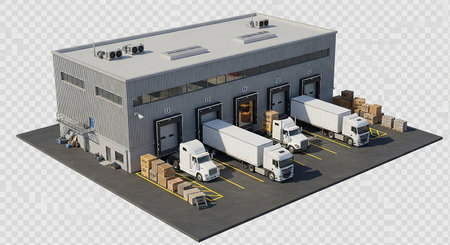 Isometric warehouse building with cargo trucks and storage boxes isolated on transparent background 3d illustrationの素材