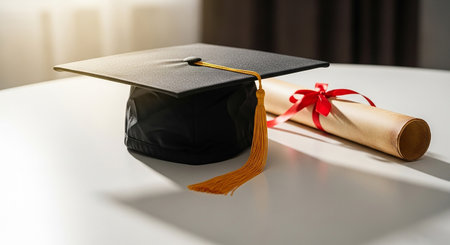 Graduation cap and diploma on a white table. Education concept.の素材