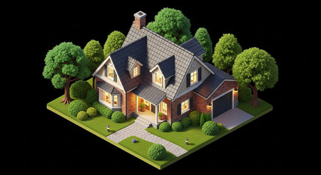 3d rendering of house in isometric view with garden and lawnの素材