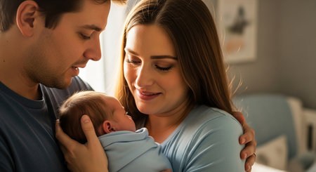 happy young family with newborn baby in bed at home, focus on infantの素材