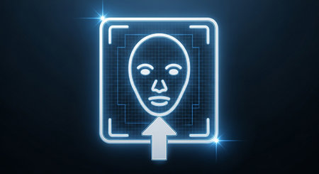 Digital composite of Face scan interface with arrow and blue light against blue backgroundの素材