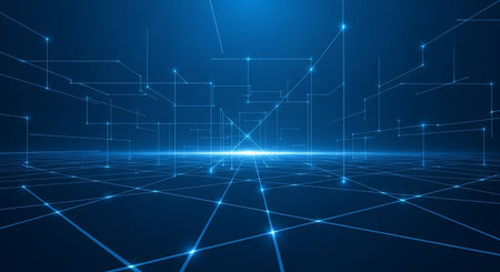 Abstract technology background with glowing lines and dots. Vector Illustration.の素材