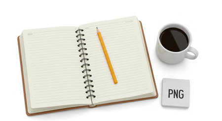 Pencil, notebook and cup of coffee on a white background.の素材