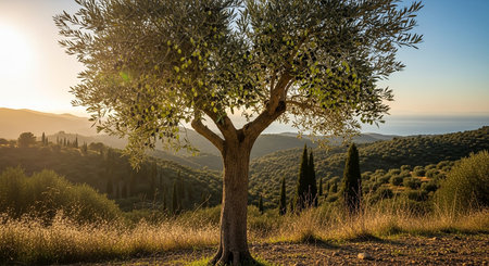 Olive tree at sunset in Tuscany, Italy. Mediterranean landscapeの素材