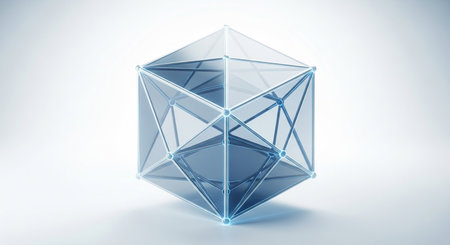 3D rendering of a blue wireframe cube on a white backgroundの素材