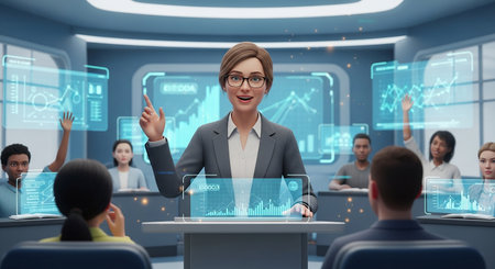 Businesswoman in conference room with virtual panel interface. 3D renderingの素材