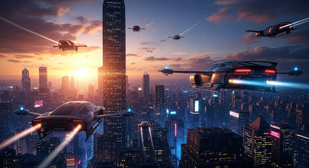 Futuristic spaceship flying over the modern city. 3d renderingの素材