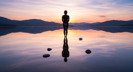 Silhouette of a woman standing on a lake at sunset.の素材