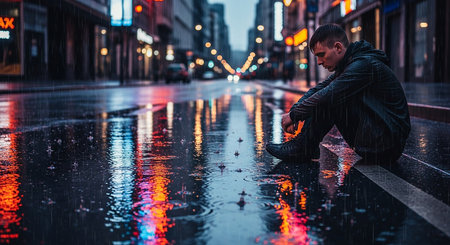Young man sitting in a rain puddle in the city at nightの素材