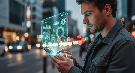 Attractive young man using his mobile phone in the city at nightの素材