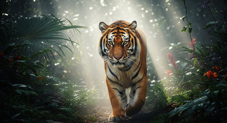 Tiger in the jungle. Wildlife scene with wild animal. 3d renderingの素材