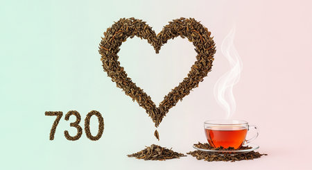 Cup of tea with heart shape made of dry tea leaves on color backgroundの素材