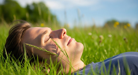 Young man lying on green grass with eyes closed in a sunny dayの素材
