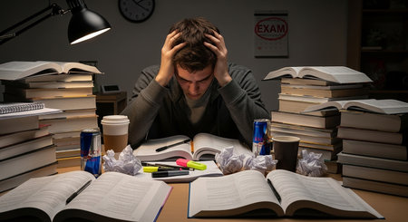 Tired and exhausted student preparing for exams at night in college libraryの素材