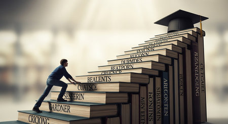 Education concept with a young man climbing a stack of books with E-Learning text on themの素材