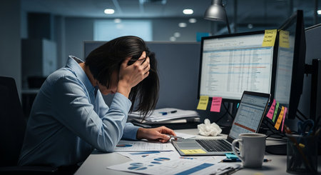Stressed businesswoman working late at night in the office, she is overloaded with workの素材