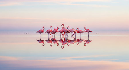 Flamingos at sunrise in Camargue, France.の素材