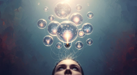 Conceptual image of human head with glowing lightbulbs instead of headの素材