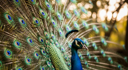 Portrait of beautiful peacock with feathers out, close-upの素材