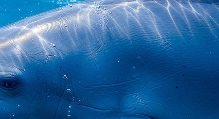 Close-up of a dolphin's face in the blue water.の素材