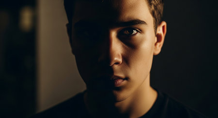 Close-up portrait of a young man in a dark room.の素材