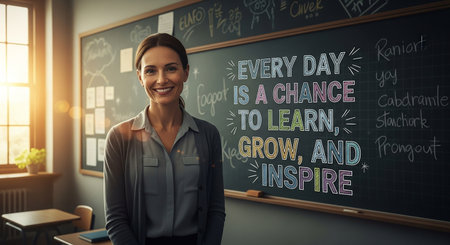 Welcome back to school. Portrait of smiling young teacher standing in classroom and looking at cameraの素材