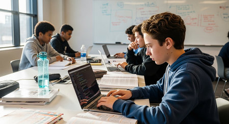 Group of young students using a laptop computer while preparing for exams in a classroomの素材