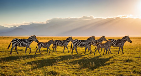 Herd of zebras at sunset in Serengeti National Park, Tanzaniaの素材