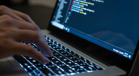 Close-up of female hands typing on a laptop keyboard at nightの素材