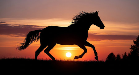 Silhouette of a horse against the background of the setting sunの素材