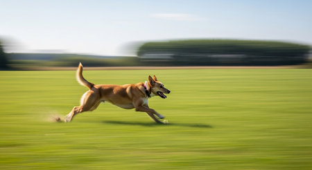 Running dog on the field. Blur motion blur. Shallow depth of fieldの素材