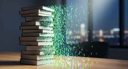 Stack of books with binary code flying over them. 3D renderingの素材