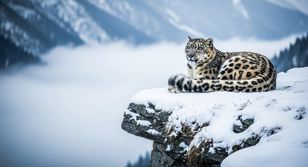 Snow leopard, Panthera uncia, sitting on a rockの素材
