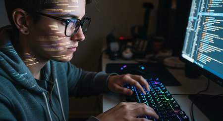 Side view of young man in eyeglasses using computer at nightの素材
