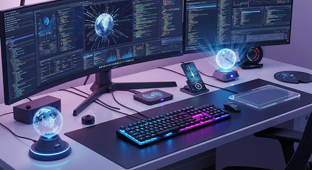 3D rendering of a computer desk with a lot of monitors, keyboard and mouse.の素材