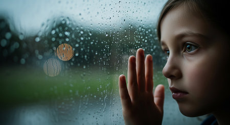 Sad little girl looking through the window with raindrops. Close-up.の素材