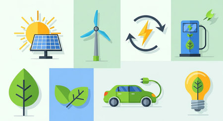 Ecology and alternative energy. Vector flat icons set. Green energy concept.の素材