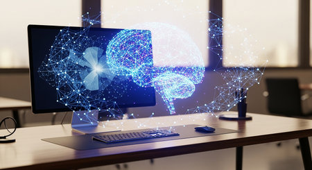 Creative artificial Intelligence hologram with human brain sketch on modern computer screen. 3D Renderingの素材