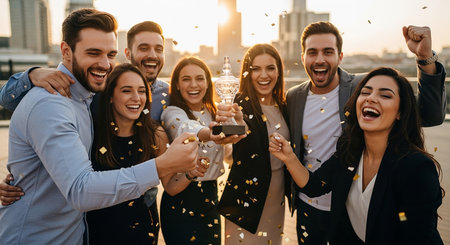 Cheerful group of young people celebrating with champagne on the streetの素材