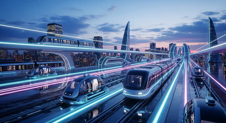 High speed train in modern city at night, 3D rendering.の素材