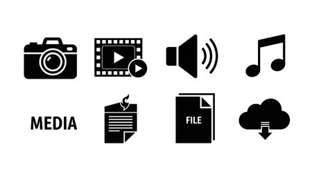Media icons set. Collection of media icons on white background. Vector illustration.の素材