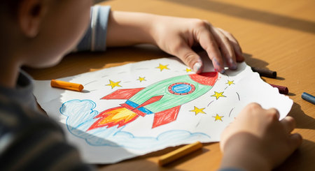 Close-up of a child drawing a rocket with colored pencilsの素材