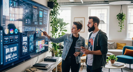 Portrait of two young designers working on project together in creative office.の素材