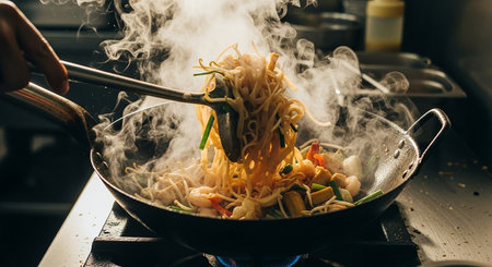 Chef cooking stir fry noodles in wok pan at restaurant kitchenの素材