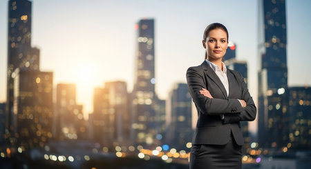 Confident businesswoman with arms crossed standing against cityscape background.の素材