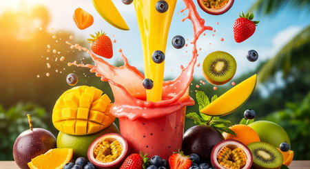 Fruit juice splash with fresh fruits and berries, healthy food conceptの素材