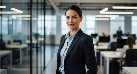 Portrait of confident businesswoman standing in modern office, looking at camera.の素材