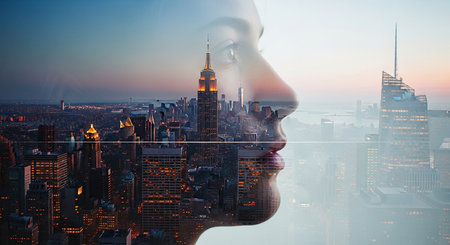Double exposure of woman face and New York city at sunset. Double exposureの素材