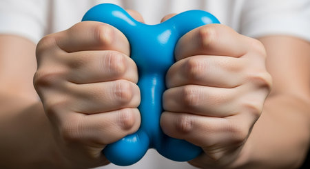 Close-up of a child's hands holding a blue dumbbellの素材
