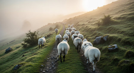 Flock of sheep grazing on a hillside in the morning lightの素材